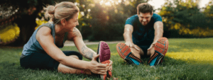 personal trainer and client stretching outdoors