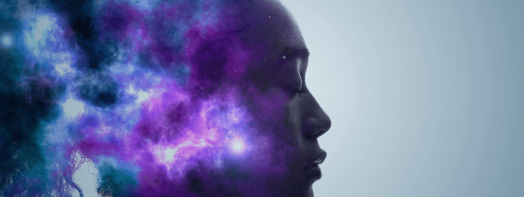 purple cloud over woman's head
