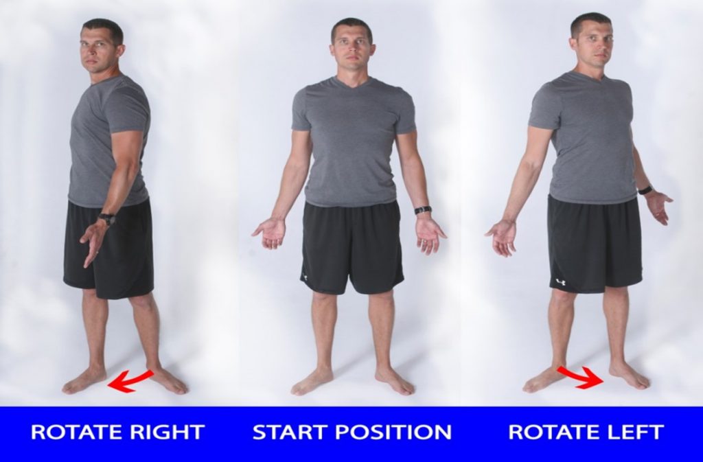 Workout shoes help. 3 pictures of the same man side by side. He is rotating right in the first picture, central in the middle picture and rotating to his left in the third picture.