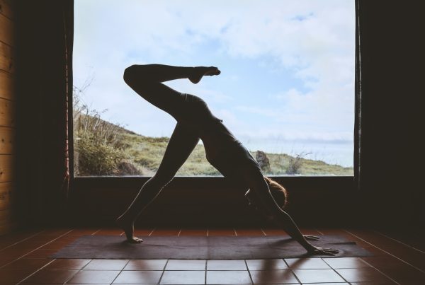 Yoga Flow -Silhouette of young woman practicing yoga indoor on background of big window with natural landscape.