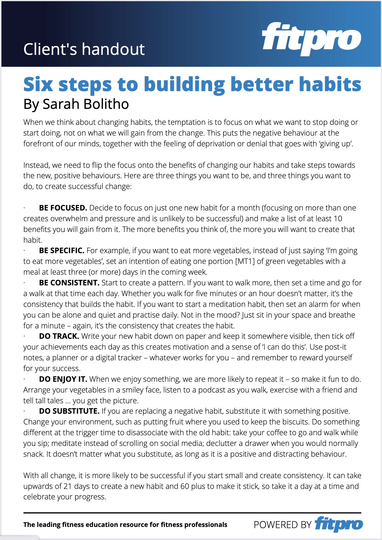 Better habits - Image of FitPro's client handout on setting better habits