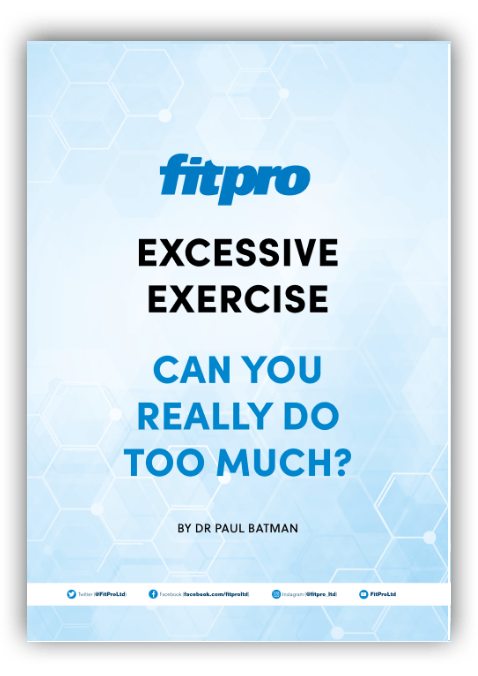 Blue poster. Text: Excessive exercise: the risks of overdoing it. By Dr Paul Batman