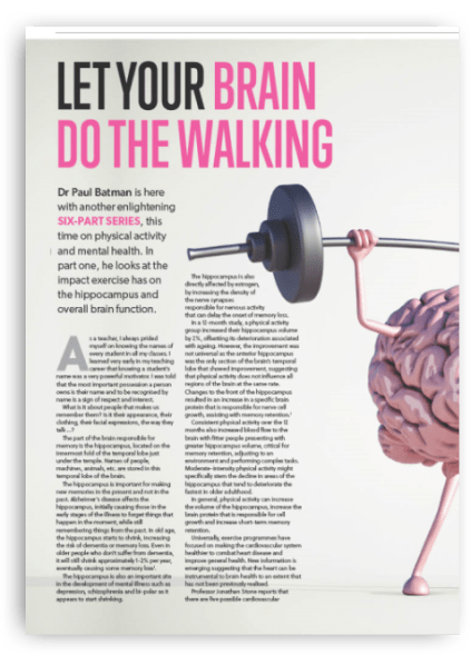 A newspaper article showing a brain lifting a barbell with a caption saying "let your brain do the walking"