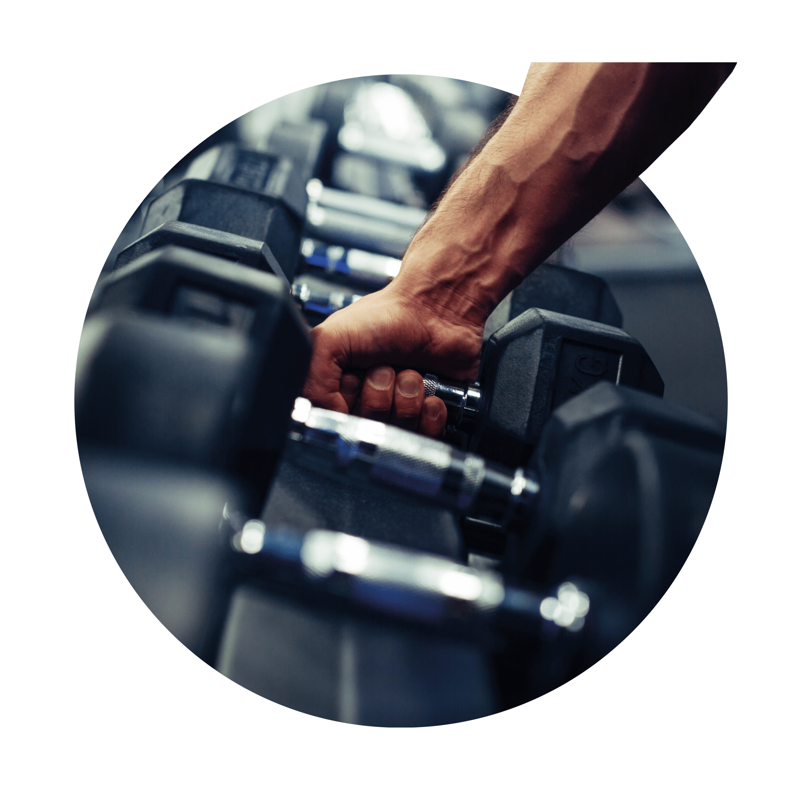 Gym-goer holding dumbbell during weightlifting session.