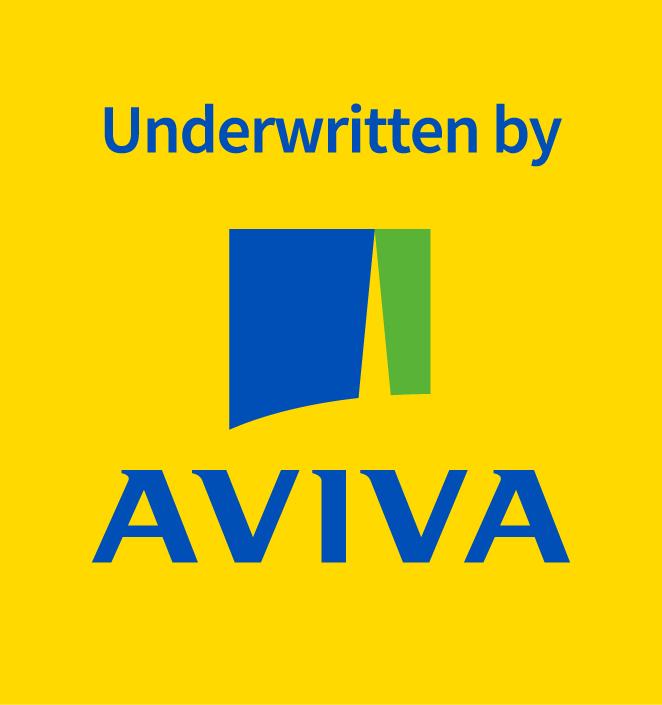 Aviva logo on yellow background: A vibrant yellow background with the Aviva logo, featuring a stylised letter 'A' in blue and green.